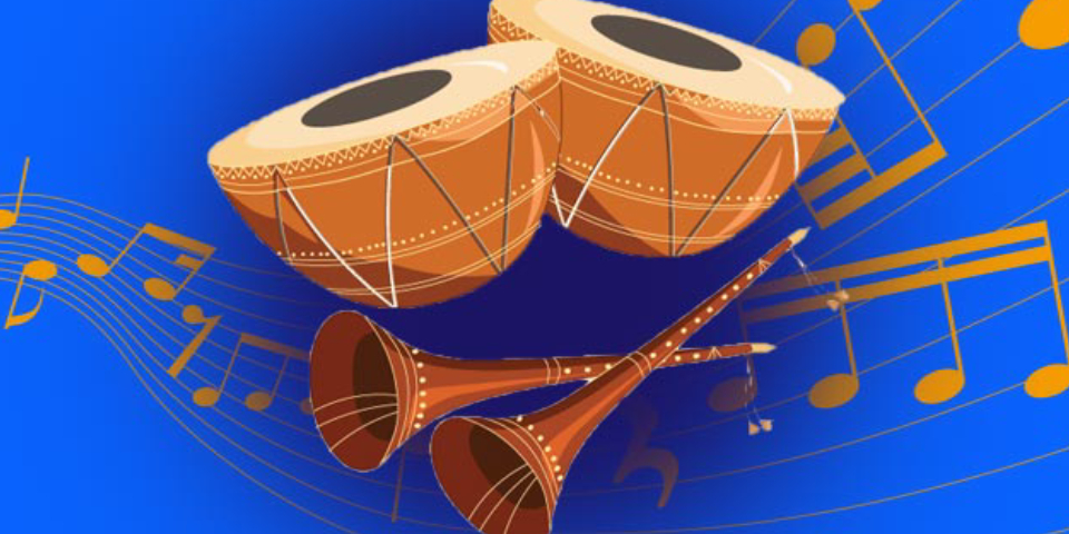 An Illustrated Image Of Indian Musical Instruments In A Blue Background.